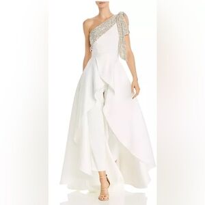 Gavin Jumpsuit With Satin Overskirt in Light Ivory, Silver & Diamond White